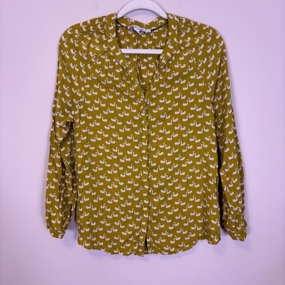Boden Greenish Yellow Swan Detail Hidden Button Up Long Sleeve Blouse Top Size 8 - Picture 1 of 6